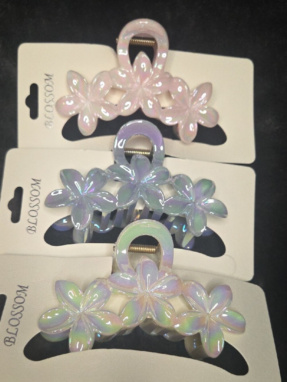 3 Iridescent Flower Hair Claw Clip - 1 Pastel Pink/1 Blue/1 Opal